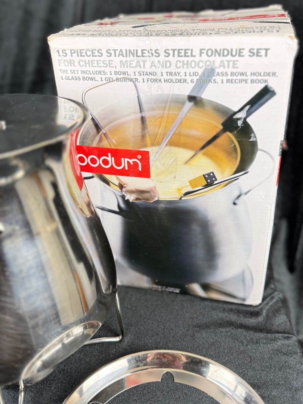 Bodum C Jorgensen 14pc Stainless Steel Fondue Pot Set Box Forks Glass Bowl Extra